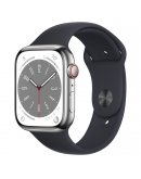 Apple Watch Series 8, 45 мм, стальной корпус серебристого цвета, спортивный ремешок цвета «тёмная ночь»