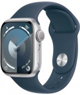 Apple Watch Series 9, 45 мм, корпус из алюминия серебристого цвета, спортивный ремешок цвета «грозовой синий», размер M/L