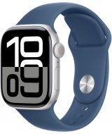 Apple Watch Series 10, 42 мм, корпус из алюминия цвета серебристый, спортивный ремешок цвета «синий деним» S/M
